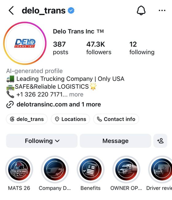 Trucking company Instagram profile with 47,300 followers: bio, contact buttons and highlights for company drivers, benefits, owner-operators and driver reviews