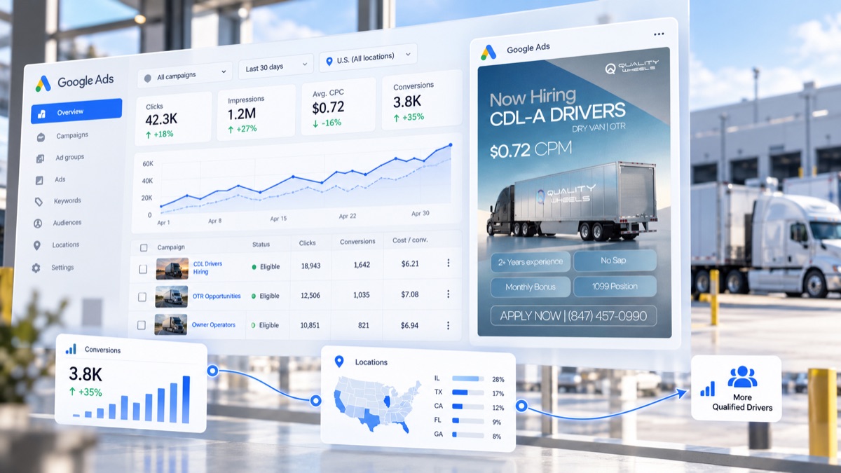 Google Ads account for a trucking company: search campaigns for CDL-A driver recruiting, conversions and the states they come from