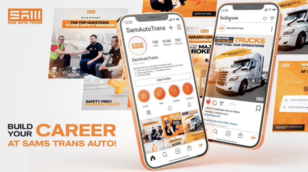 SAM Auto Trans branding and social media identity for a trucking company
