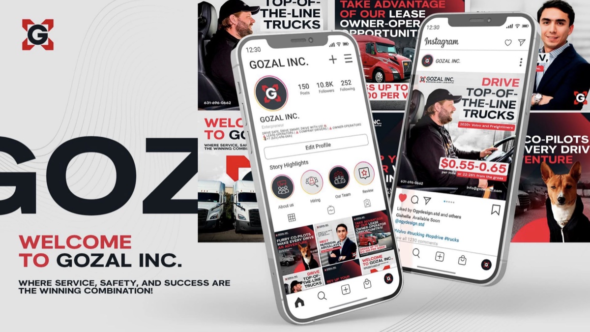 Instagram and Facebook branding for a trucking company: the Gozal Inc profile, highlight covers and designed posts