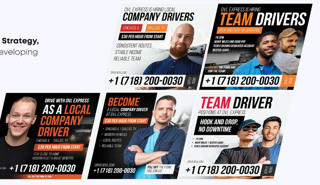 Driver recruiting ad creatives for a trucking company: company drivers and team drivers, pay and requirements on the image