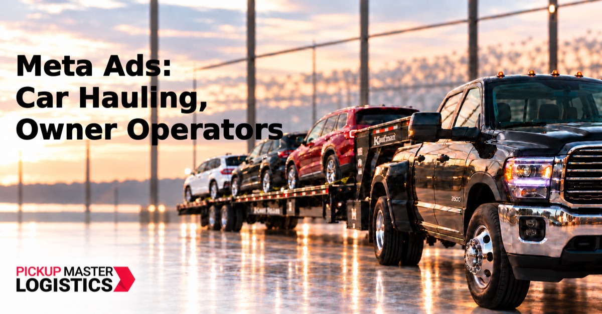 Meta ads for car hauling: a black dually pickup with a loaded car-hauling trailer, Pickup Master Logistics