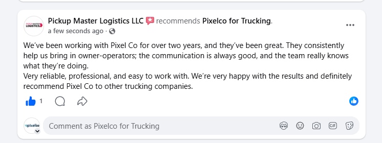 Pickup Master Logistics recommends Pixelco for Trucking on Facebook