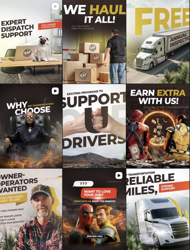 Instagram grid for a trucking company: designed posts about dispatch, bonuses and owner-operator hiring