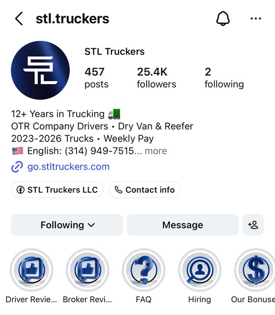 Trucking company Instagram profile: bio with years in trucking, equipment, pay and the apply link, plus highlights for driver reviews, FAQ, hiring and bonuses