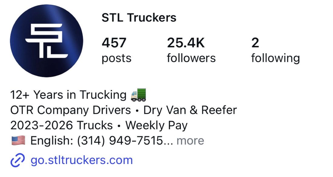 Instagram account of a trucking company: STL Truckers, 457 posts and 25,400 followers