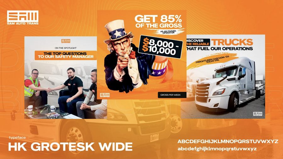 Sam Auto Trans: trucking company brand identity and recruiting posts by Pixelco